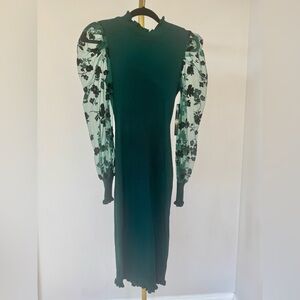 Almost Famous Dark Green Dress with Sheer Black Floral Sleeves NWT